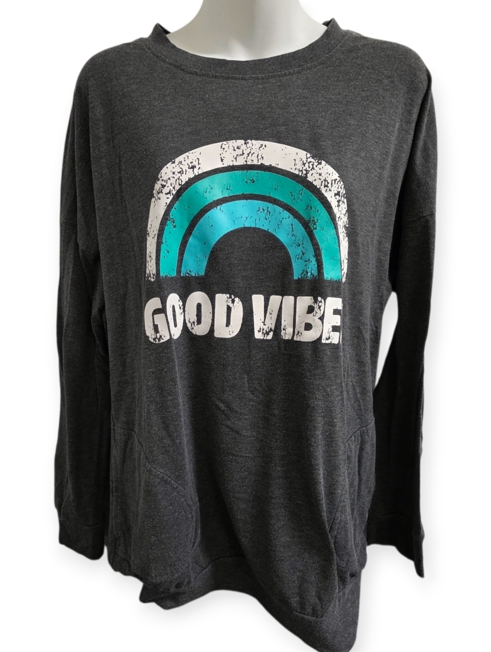 Hount Good Vibes Rainbow Pocket Pullover Sweatshirt Gray